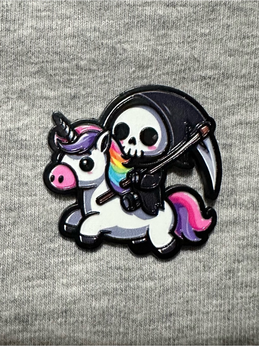 Grim Reaper Riding Rainbow Unicorn Enamel Pin - Cute Goth